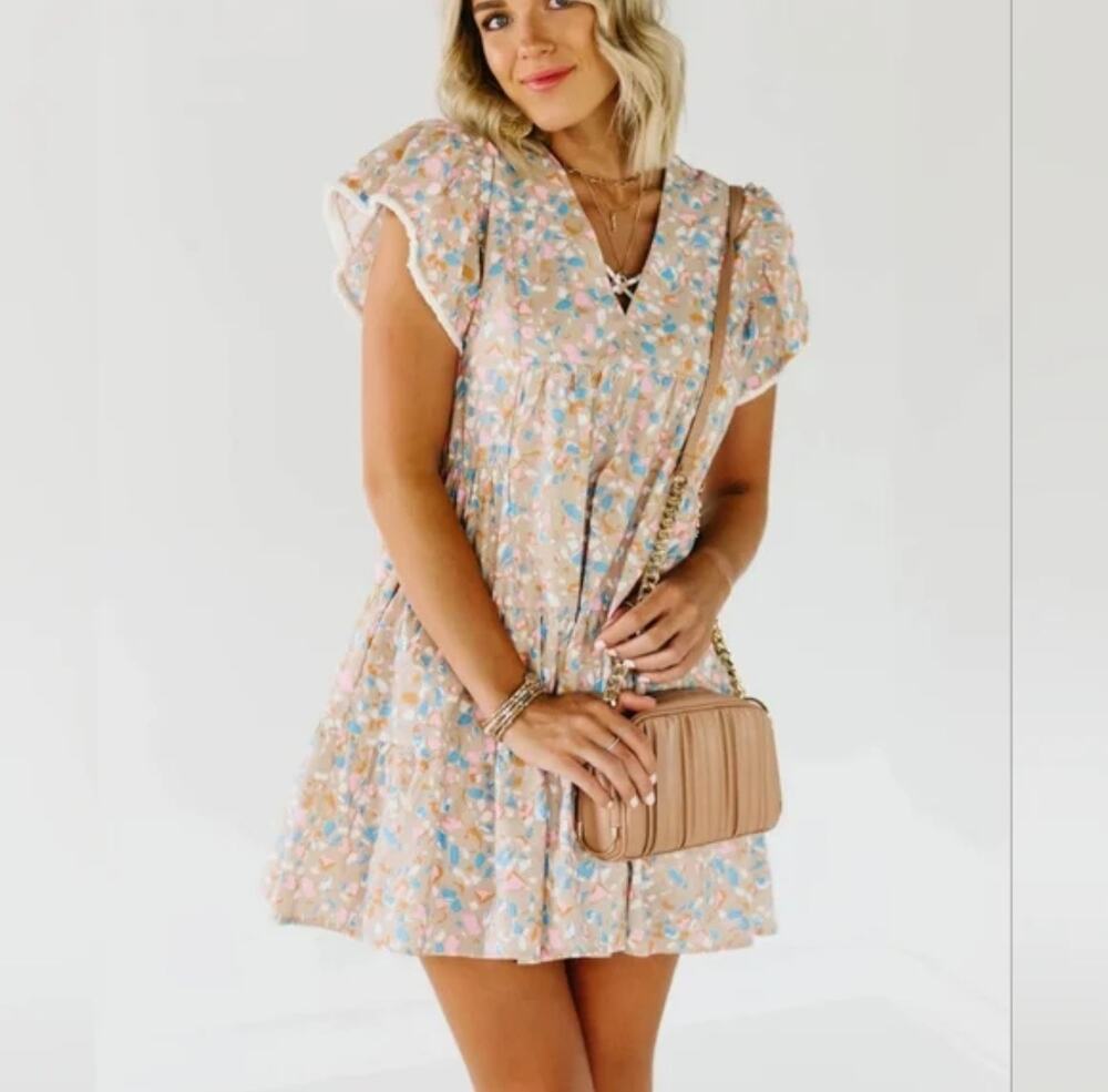 THML Tiered Confetti Mini Babydoll Dress Large